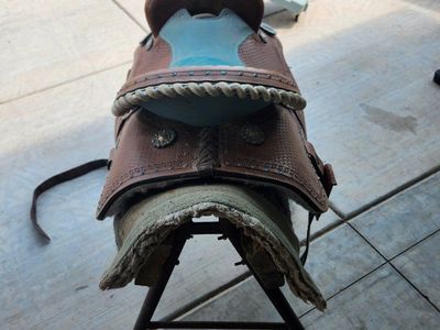 Western Leather Horse Saddle with Light Blue Suede Seat and Floral Tooling