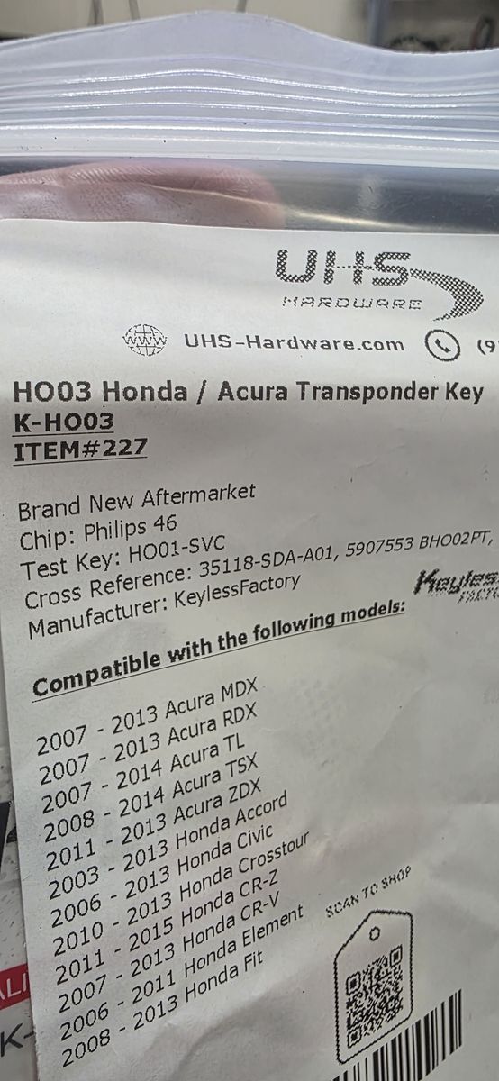 2003-2017 HO03 Honda / Acura Transponder Key (46 Chip) (AFTERMARKET) Pack of 3