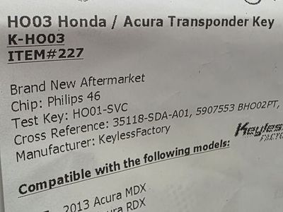 2003-2017 HO03 Honda / Acura Transponder Key (46 Chip) (AFTERMARKET) Pack of 3