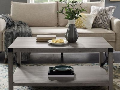 Rustic Gray Wood Grain Coffee Table with Lower Shelf and Metal Corner Brackets