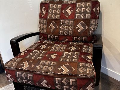 Accent Chair with Dark Wood Frame & Geometric Pattern Upholstery - Red/Brown Tones
