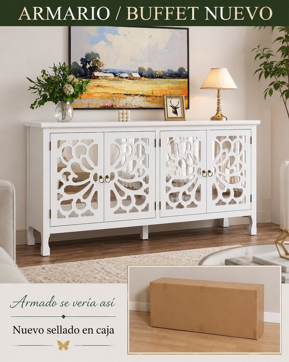 RoyalCraft 63 Inch Mirrored Buffet Cabinet - Satin White