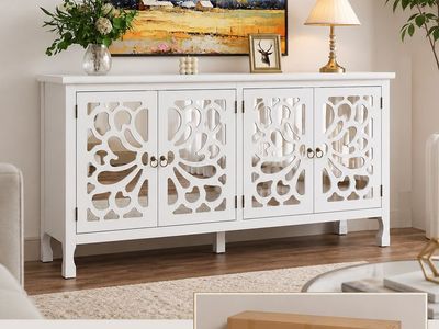 RoyalCraft 63 Inch Mirrored Buffet Cabinet - Satin White