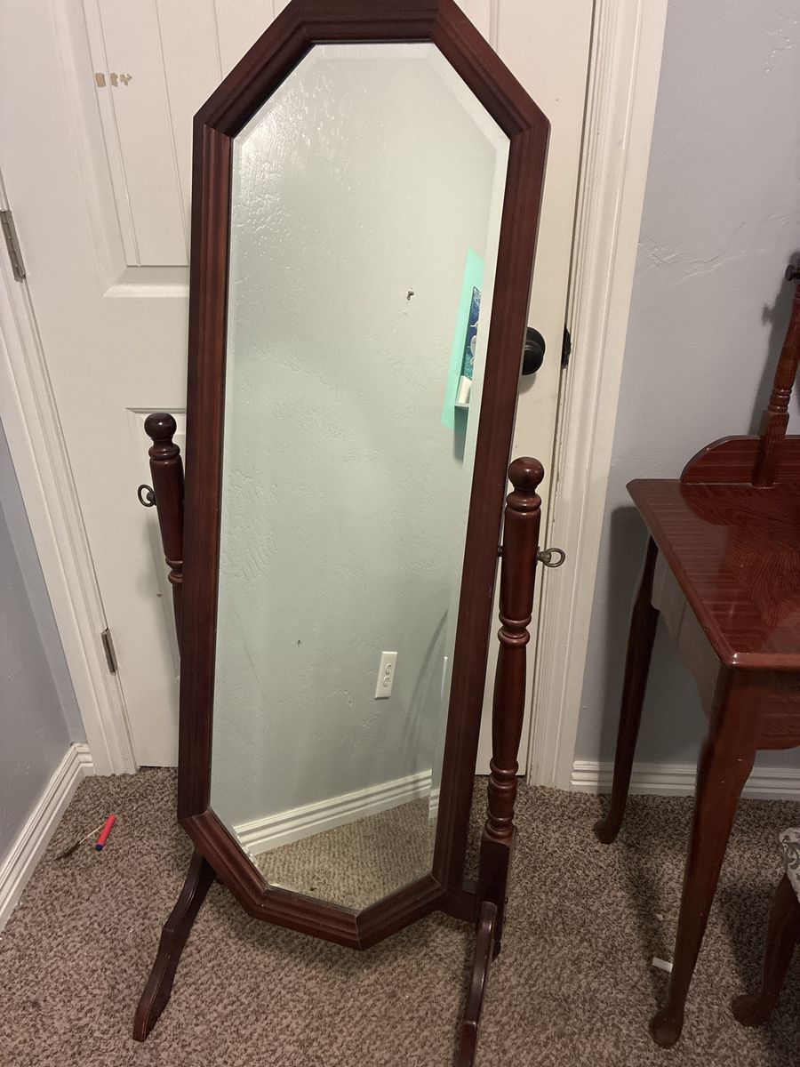 Full-Length Dark Wood Cheval Mirror - Floor Standing Dressing Mirror. Located in West Jordan