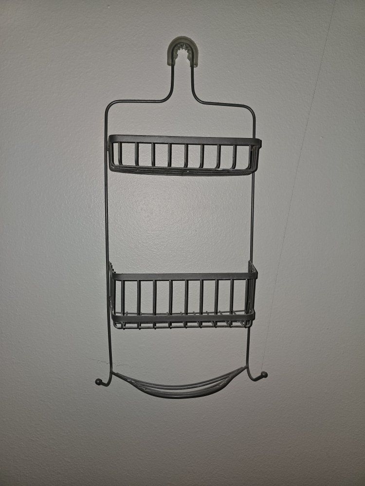 Metal Shower Caddy with 2 Shelves & Hooks - Gray
