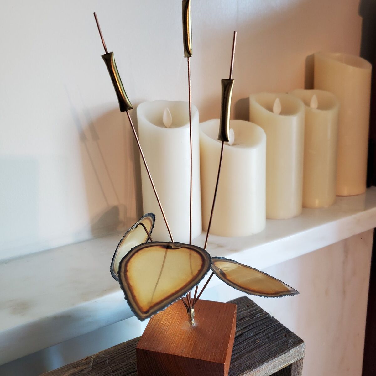 Vintage Brutalist Brass Copper Cattail Leaf Art