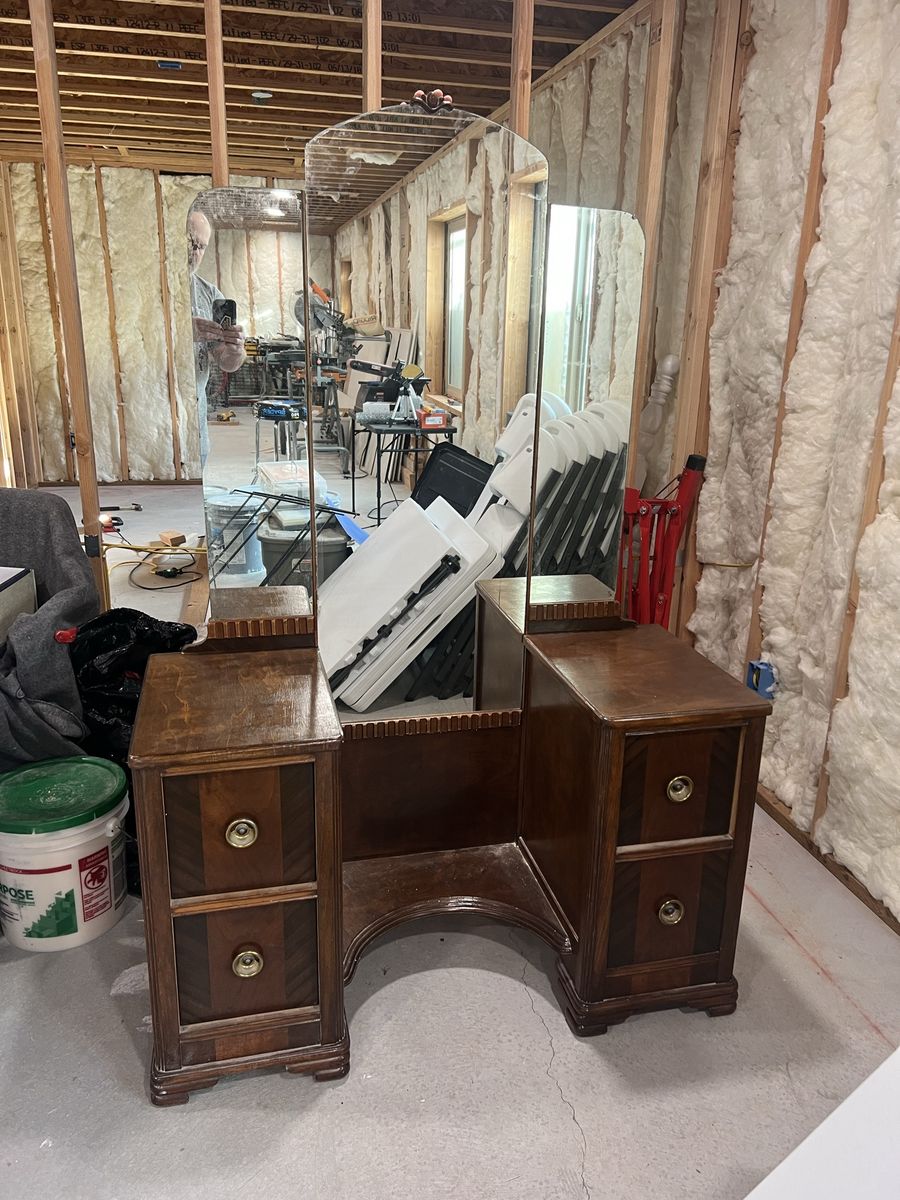 Vintage Wooden Vanity with Mirror and Drawers - Dark Wood Finish