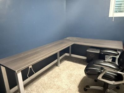 Modern L-Shaped Office Desk with Matching Storage Cabinet Set - Wood Grain Finish
