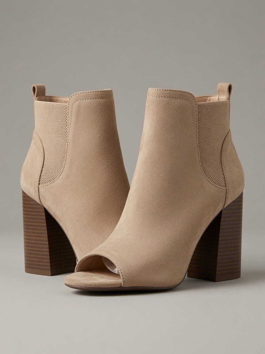 Qupid Peep Toe Ankle Boots - Women's Beige Suede Chunky Block Heel Booties