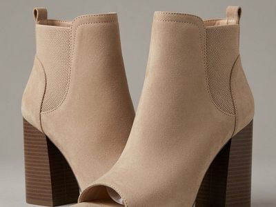 Qupid Peep Toe Ankle Boots - Women's Beige Suede Chunky Block Heel Booties