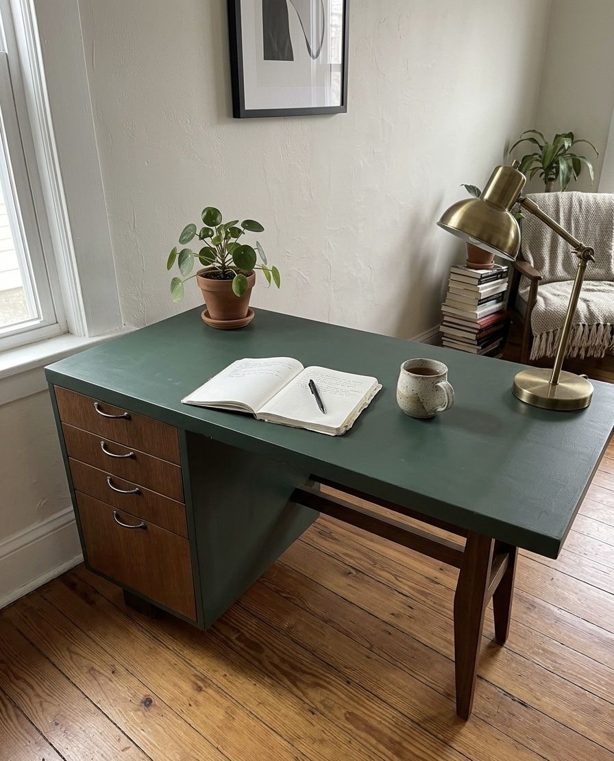 Vintage-Style Green Pedestal Desk - Solid Wood