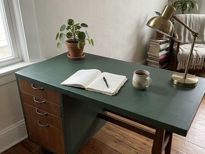 Vintage-Style Green Pedestal Desk - Solid Wood