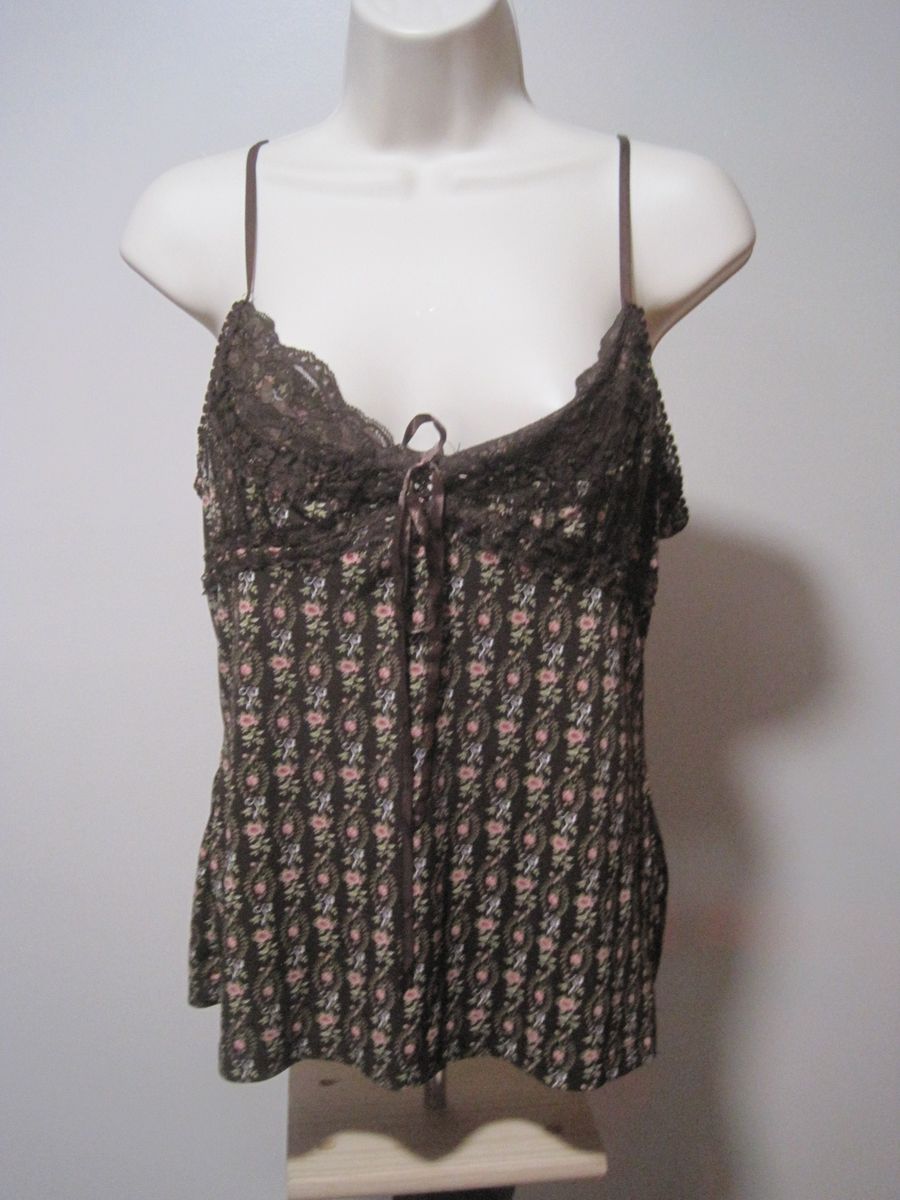 Unbranded Women Medium Floral Brown Lace Trim Ribbon Drawstring Cotton Camisole