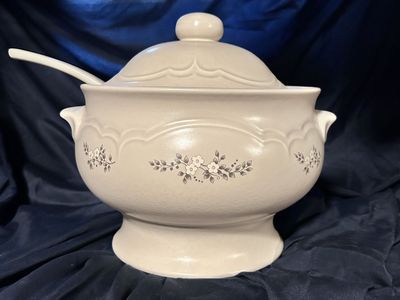 Vintage Heirloom Pfaltzgraff Stoneware Soup Tureen with Ladle - Grey with White Floral Pattern