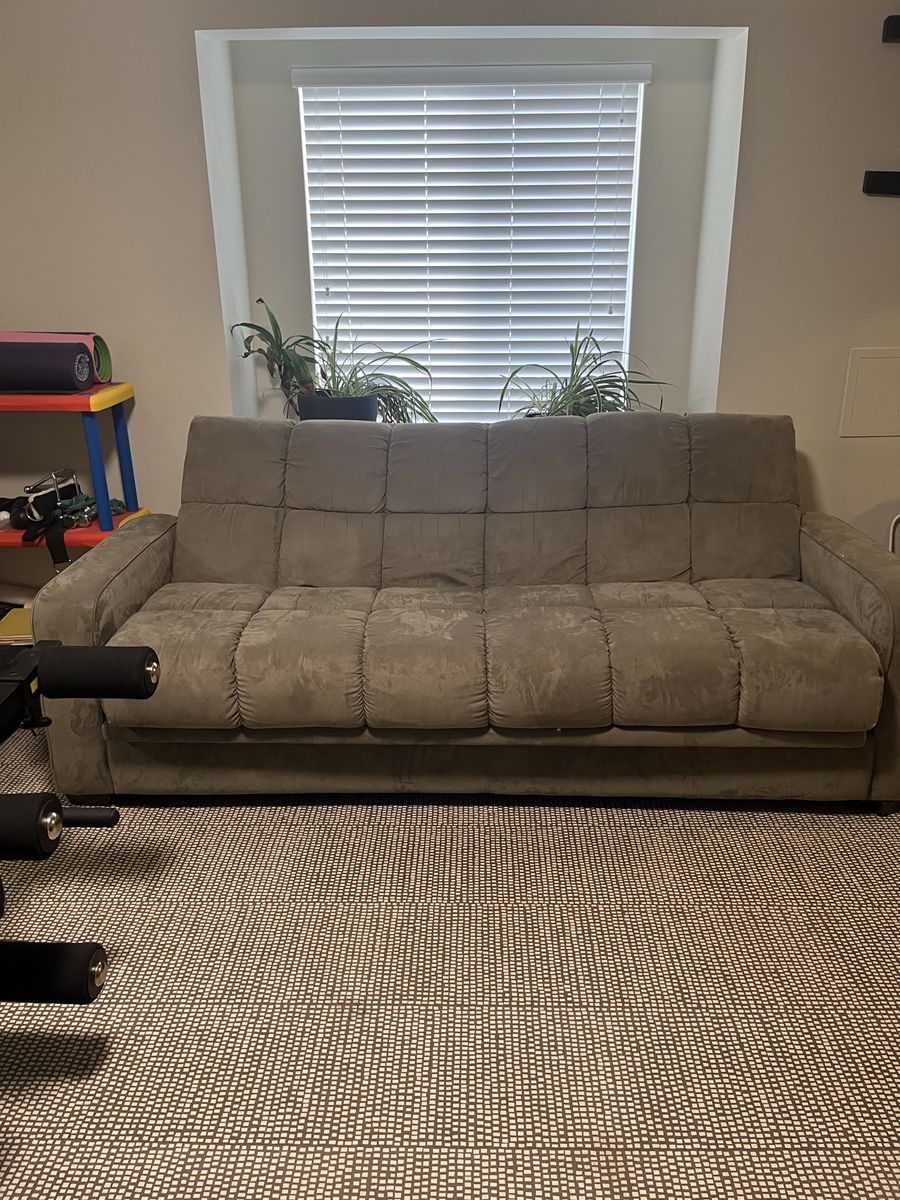 Convertible Futon Sofa Bed - Taupe Suede-like Fabric, Space-Saving Design