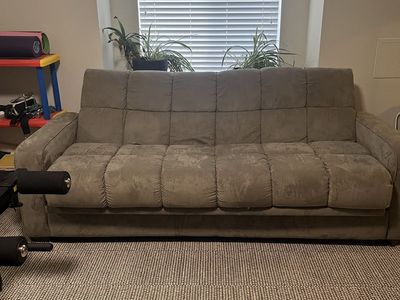 Convertible Futon Sofa Bed - Taupe Suede-like Fabric, Space-Saving Design
