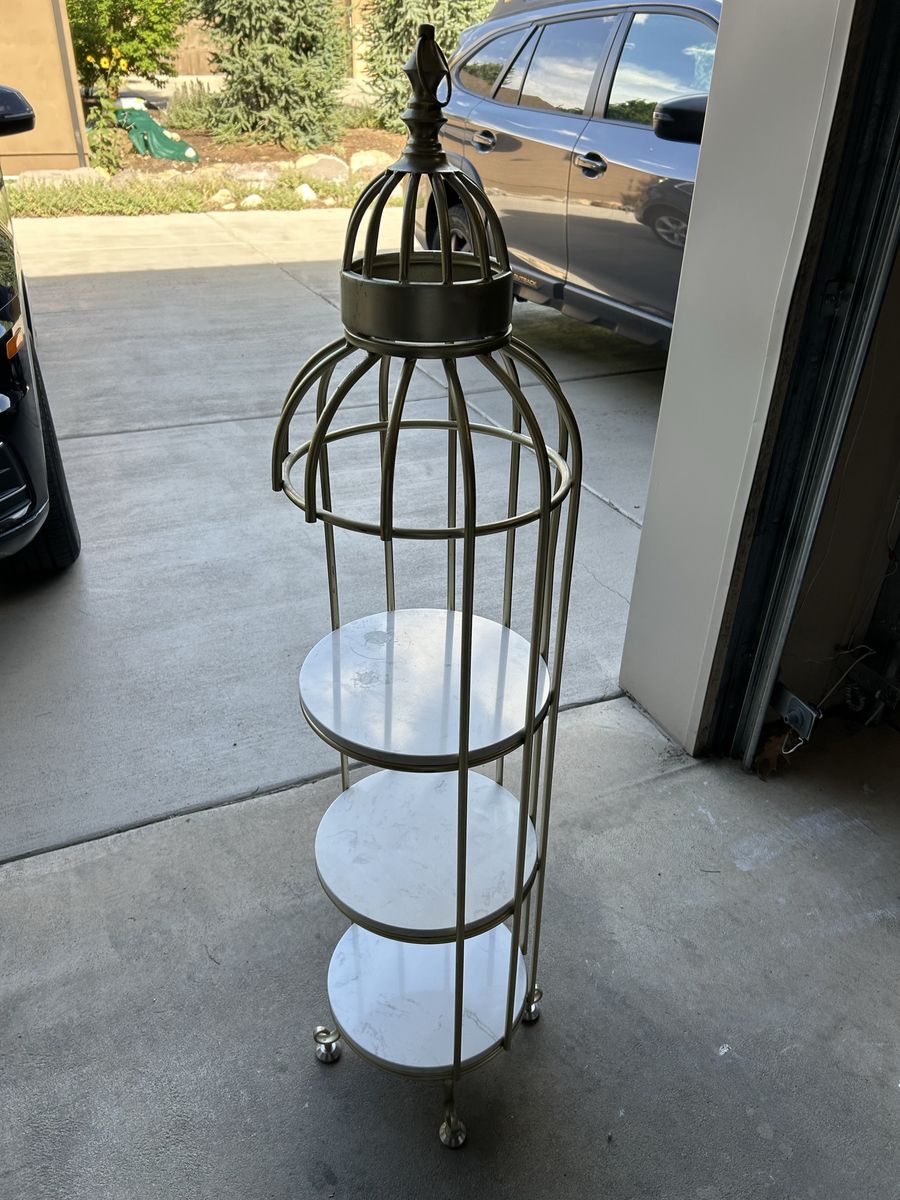 Gold Birdcage Style 3-Tier Display Shelf with Marble Patterned Trays