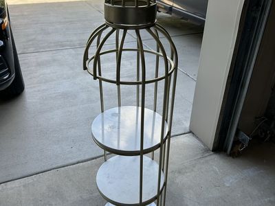 Gold Birdcage Style 3-Tier Display Shelf with Marble Patterned Trays