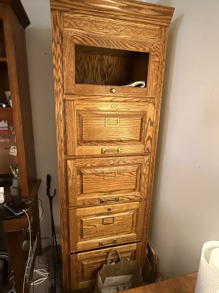 Solid oak file cabinet with glass