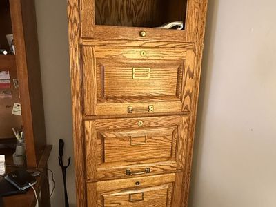 Solid oak file cabinet with glass
