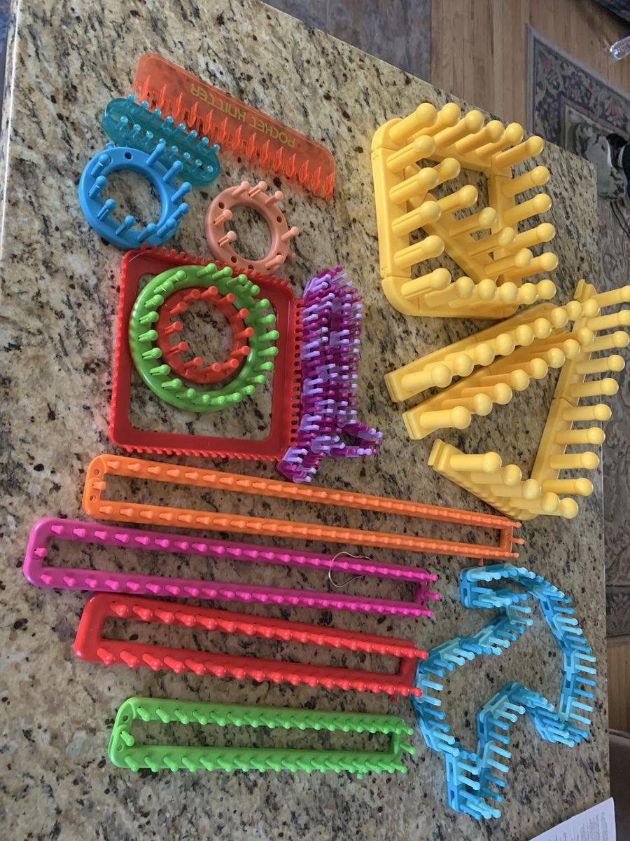 Knitting looms, hats, beanies, socks. Scarves