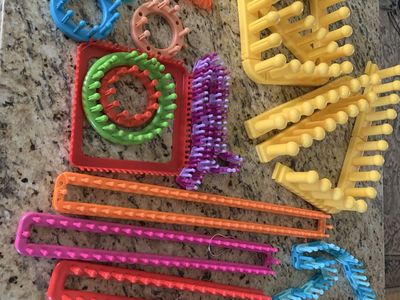 Knitting looms, hats, beanies, socks. Scarves