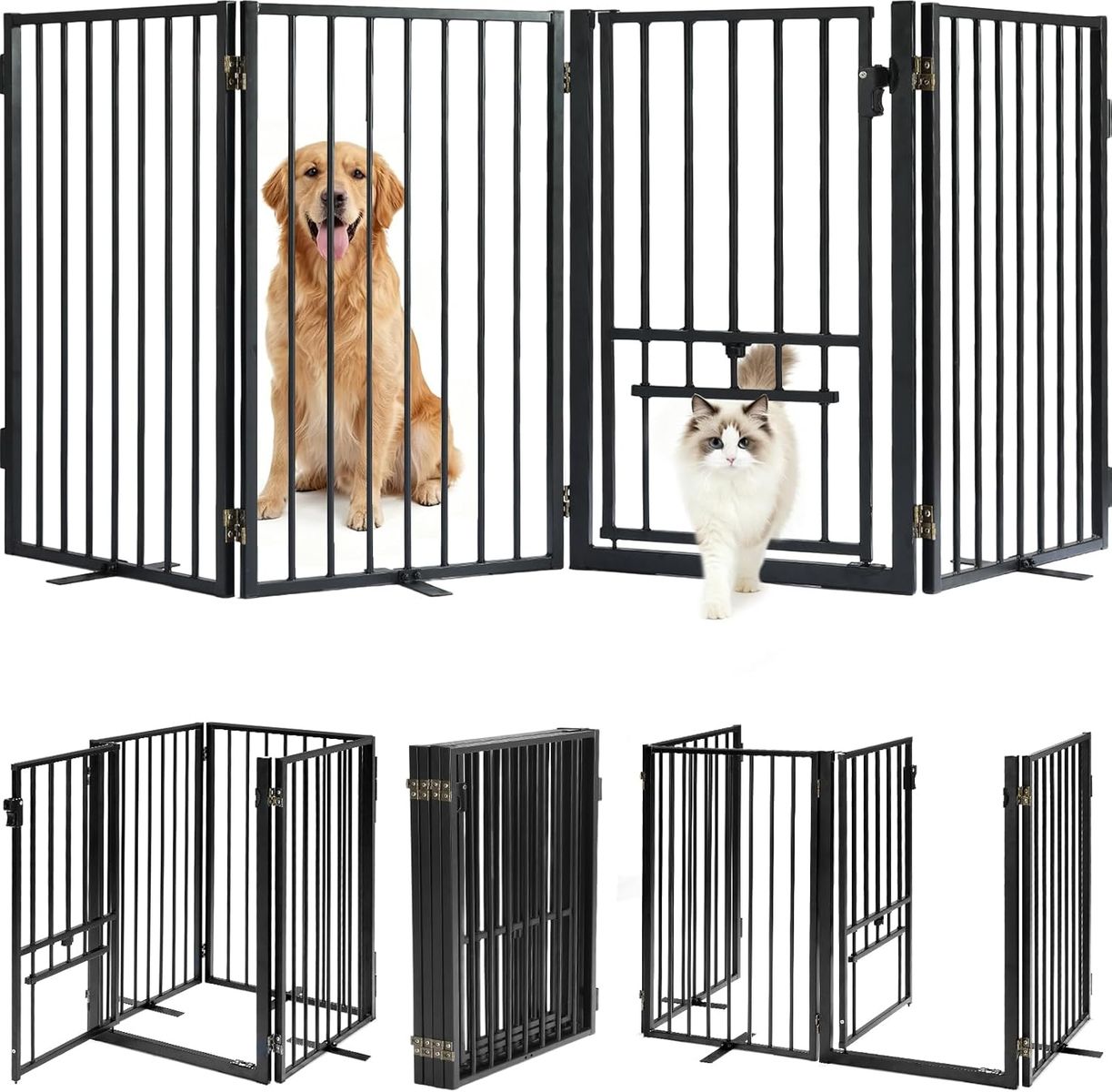 NEW Metal Freestanding Dog Gate with Cat Door for Outdoor Indoor,80" Extra Wide Foldable Pet Fence,(4 Panels,Black)