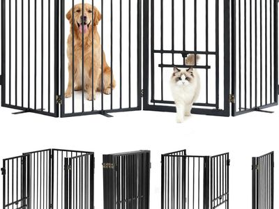 NEW Metal Freestanding Dog Gate with Cat Door for Outdoor Indoor,80" Extra Wide Foldable Pet Fence,(4 Panels,Black)