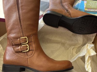 Naturalizer Womens Tan Leather Knee-High Riding Boots with Buckle Accents, Side Zip