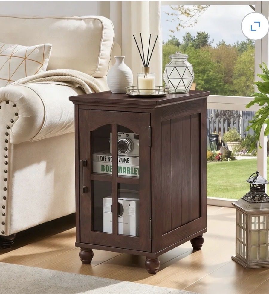 Buildhom Farmhouse Nightstand with Charging Station, Narrow Side Table with Glass Barn Door & Adjustable Shelf 