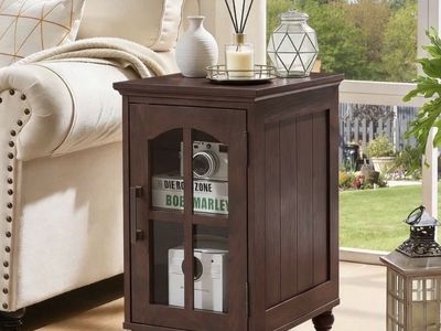 Buildhom Farmhouse Nightstand with Charging Station, Narrow Side Table with Glass Barn Door & Adjustable Shelf