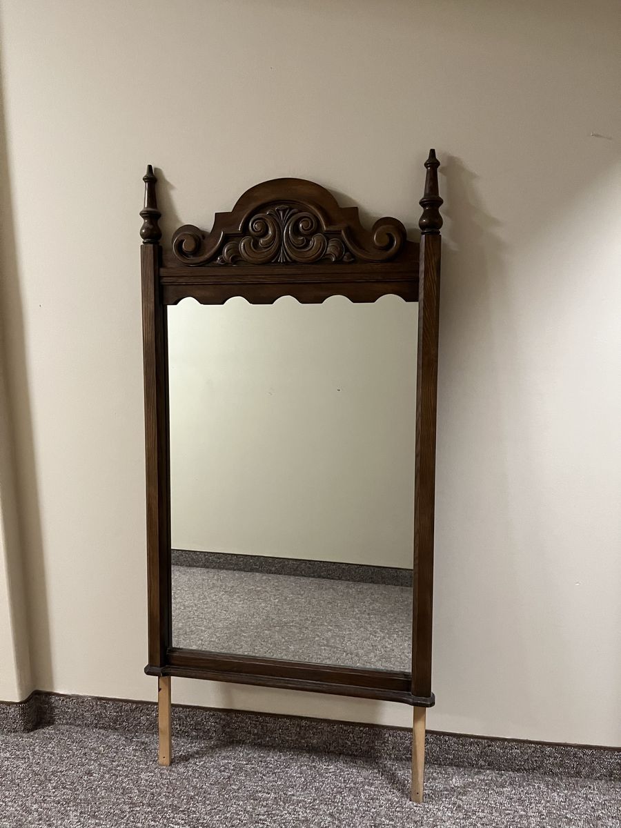 Vintage Dark Wood Ornate Vanity Mirror Dresser Top Standing Mirror with Spindles