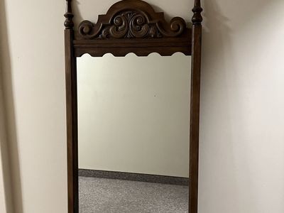 Vintage Dark Wood Ornate Vanity Mirror Dresser Top Standing Mirror with Spindles