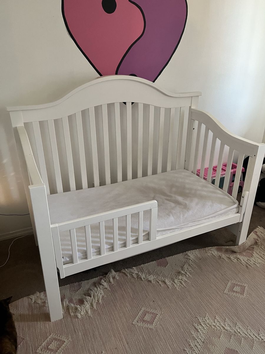 White Convertible Baby Crib Toddler Bed - 2-in-1 Design with Toddler Rail