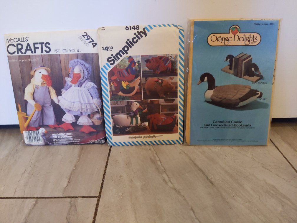 3 Cottagecore Sewing Pattern Lot -McCall's & Simplicity Decorative Goose & Animal Craft Patterns