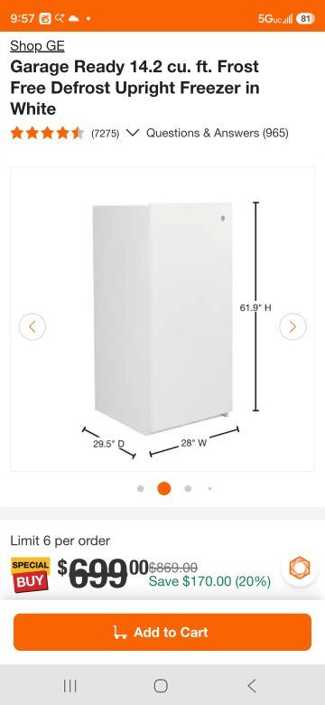 GE 14.2 cu. ft. Frost Free Upright Freezer in White - Garage Ready