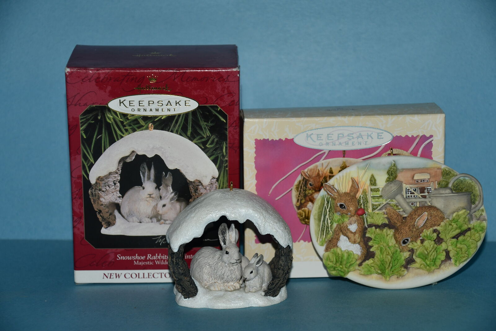 2 VINTAGE 1997 HALLMARK "BUNNY RABBIT" CHRISTMAS ORNAMENTS ~ SNOW, GARDEN ~ NO CHIPS!