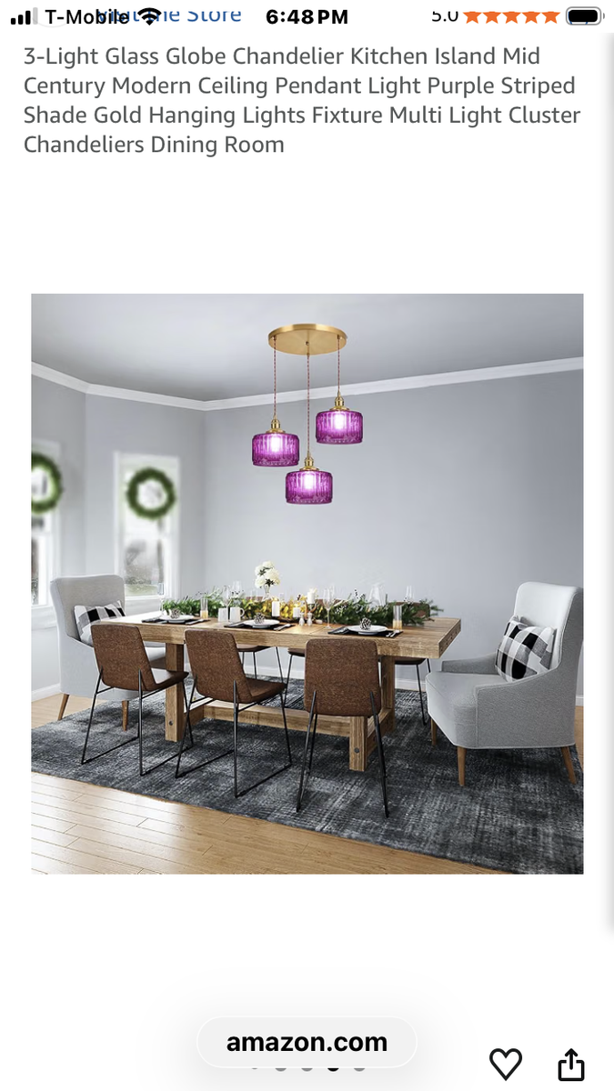 3-Light Purple Striped Glass Chandelier Gold Pendant Light Fixture