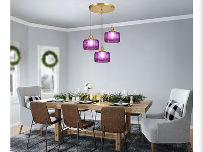 3-Light Purple Striped Glass Chandelier Gold Pendant Light Fixture