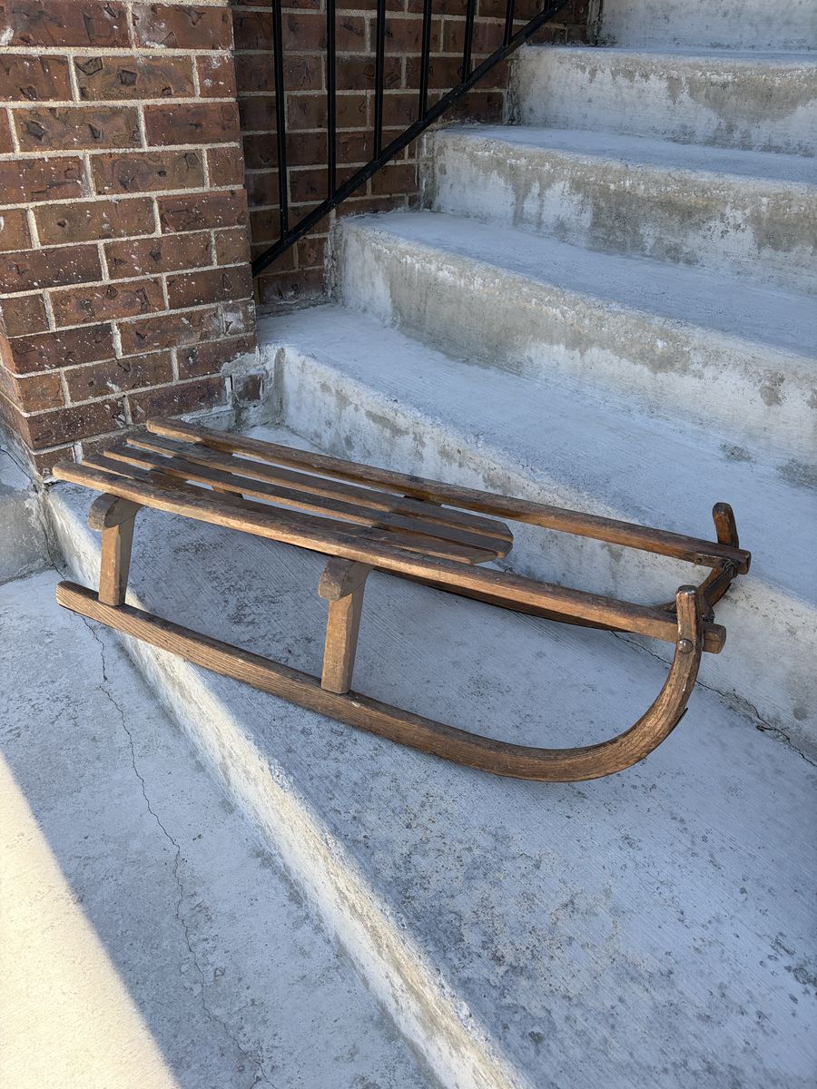 Vintage Wooden Sled Steerable Snow Sleigh Toboggan Classic Winter Decor & Fun