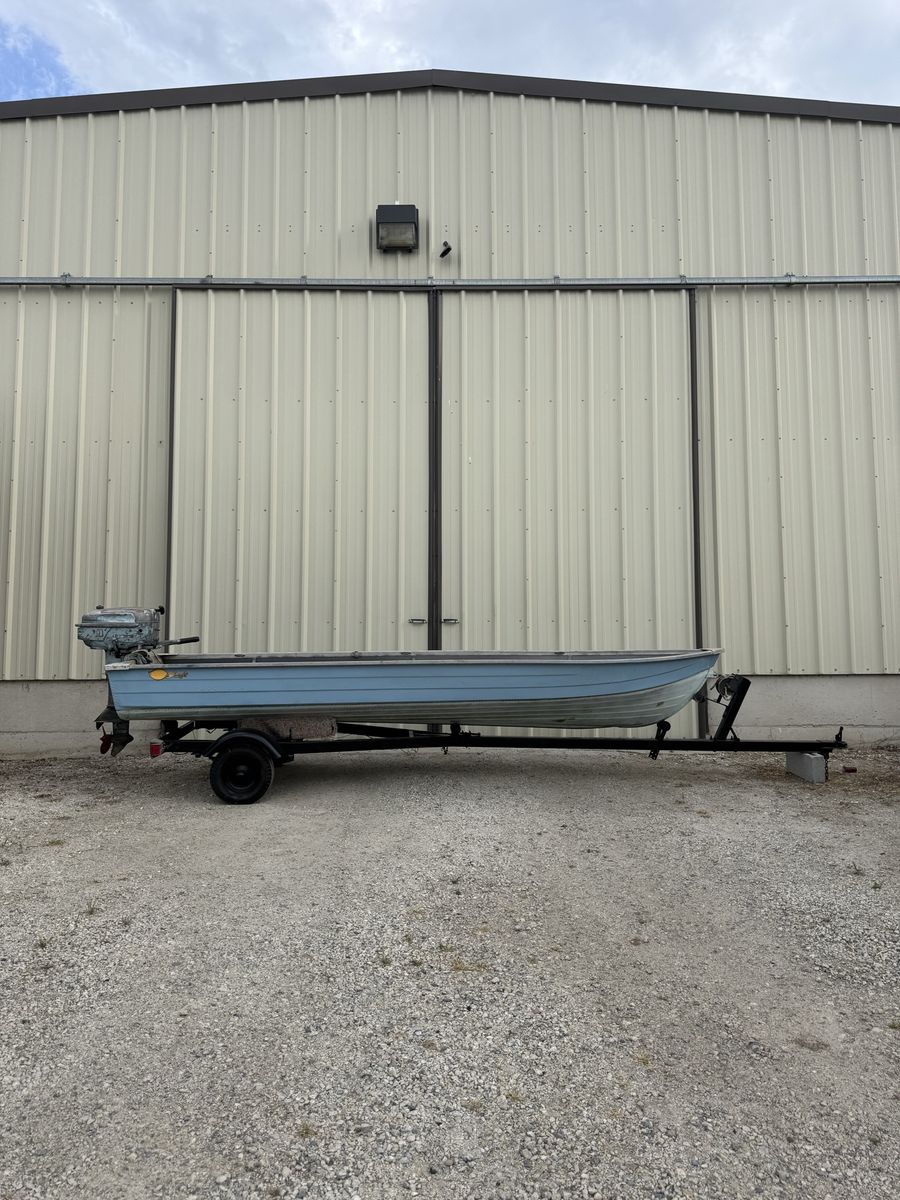 14ft Aluminum Fishing Boat w/ Trailer, 12HP Motor, Trolling Motor & Title