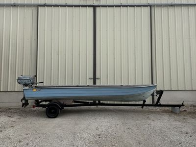 14ft Aluminum Fishing Boat w/ Trailer, 12HP Motor, Trolling Motor & Title