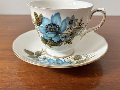 Vintage Queen Anne Bone China Teacup & Saucer Set - Bright Blue Floral with Delicate Gold Trim