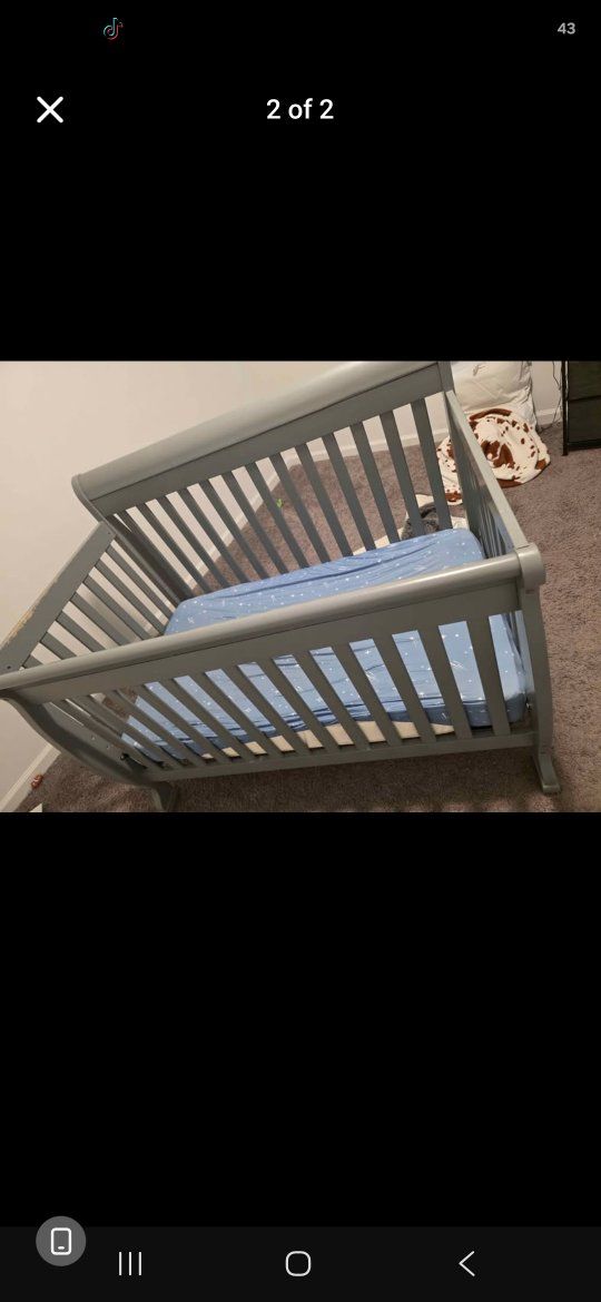 Used Gray Wooden Crib with Mattress - Good Condition Baby Nursery Furniture