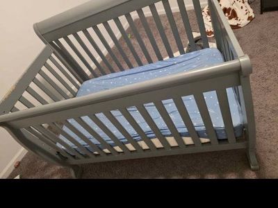 Used Gray Wooden Crib with Mattress - Good Condition Baby Nursery Furniture