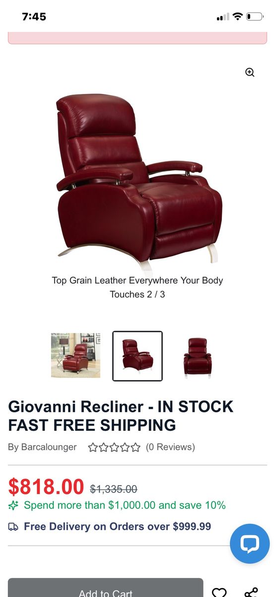 Barcalounger Giovanni Top Grain Red Leather Recliner Armchair $90 retail price $1335.
