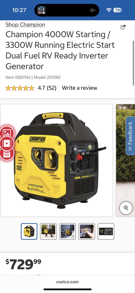 Champion 4000W Starting/3300W Running Dual Fuel Electric Start Inverter Generator RV Ready