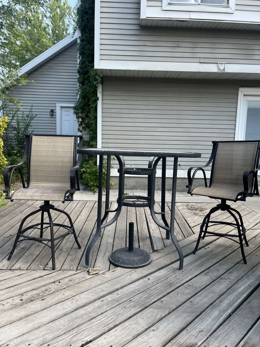 Patio Furniture Set: Bar Height Table, 2 Swivel Chairs, 2 High-Back Chairs, 1 Loveseat