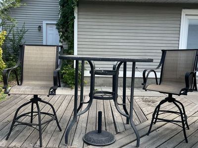 Patio Furniture Set: Bar Height Table, 2 Swivel Chairs, 2 High-Back Chairs, 1 Loveseat