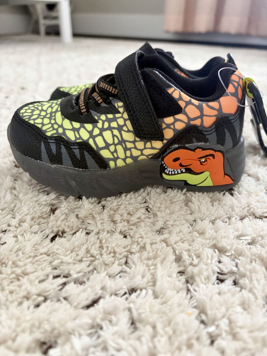 Toddler Boys Dinosaur Light-Up Shoes - Size 8, New with Tags, Hook and Loop Closure
